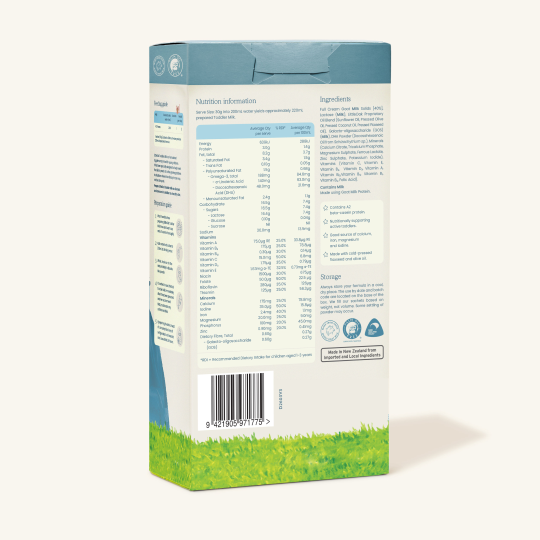 Natural Goat Milk Toddler Milk with Olive Oil 6 x 30gm Travel Sachets (12+ months)