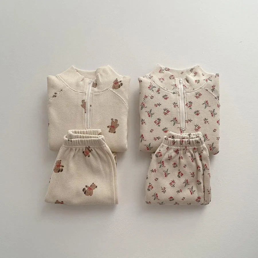 Waffle Teddy Bear Print Jogger Set