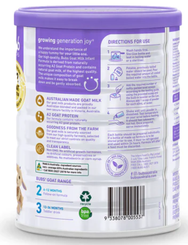 Aussie Bubs Goat Milk Infant Formula (Stage 1, 0-6 months)