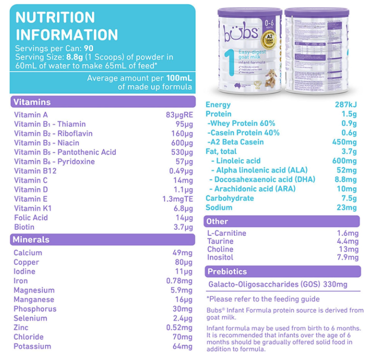 Aussie Bubs Goat Milk Infant Formula (Stage 1, 0-6 months)