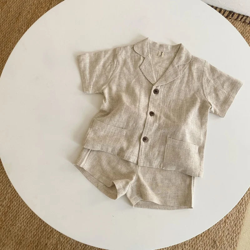 Girls Solid Linen Shorts Set
