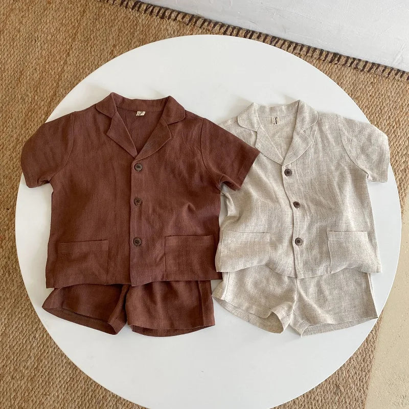 Girls Solid Linen Shorts Set