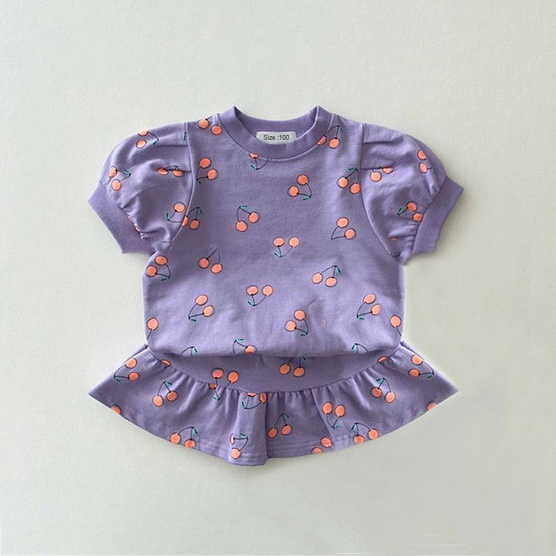Short Sleeve Cherry Print Skirt Set