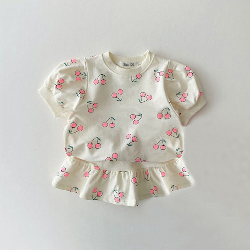 Short Sleeve Cherry Print Skirt Set
