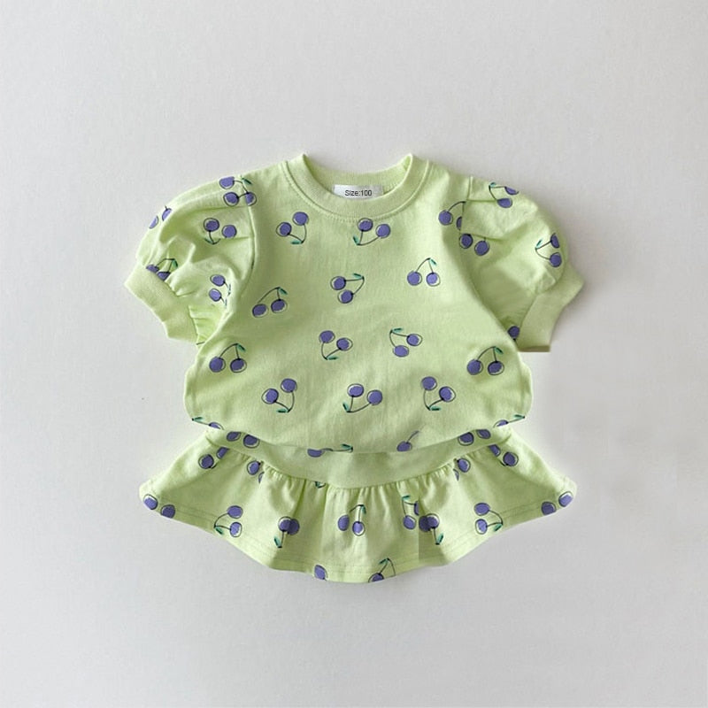 Short Sleeve Cherry Print Skirt Set