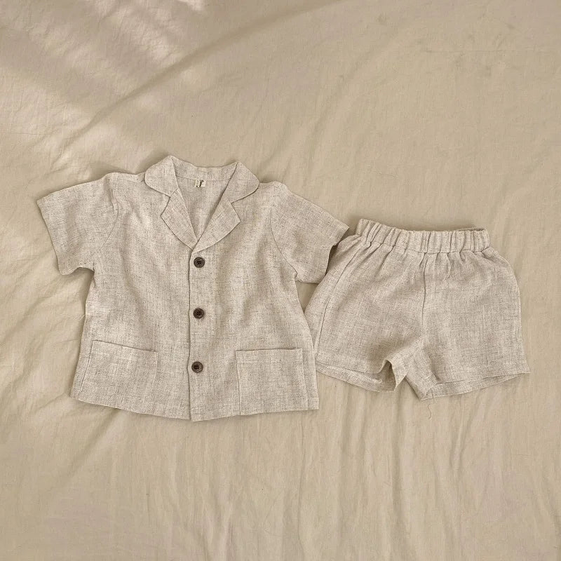 Girls Solid Linen Shorts Set