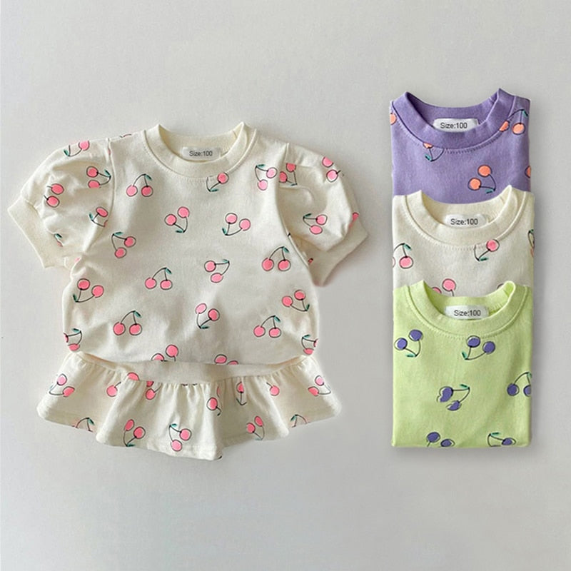 Short Sleeve Cherry Print Skirt Set