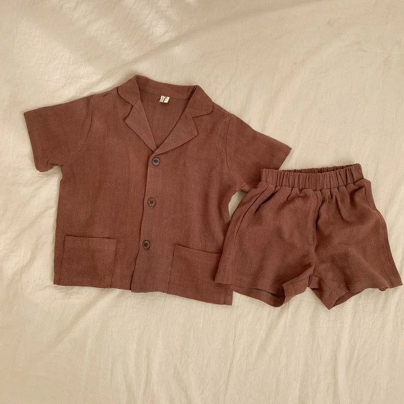 Girls Solid Linen Shorts Set