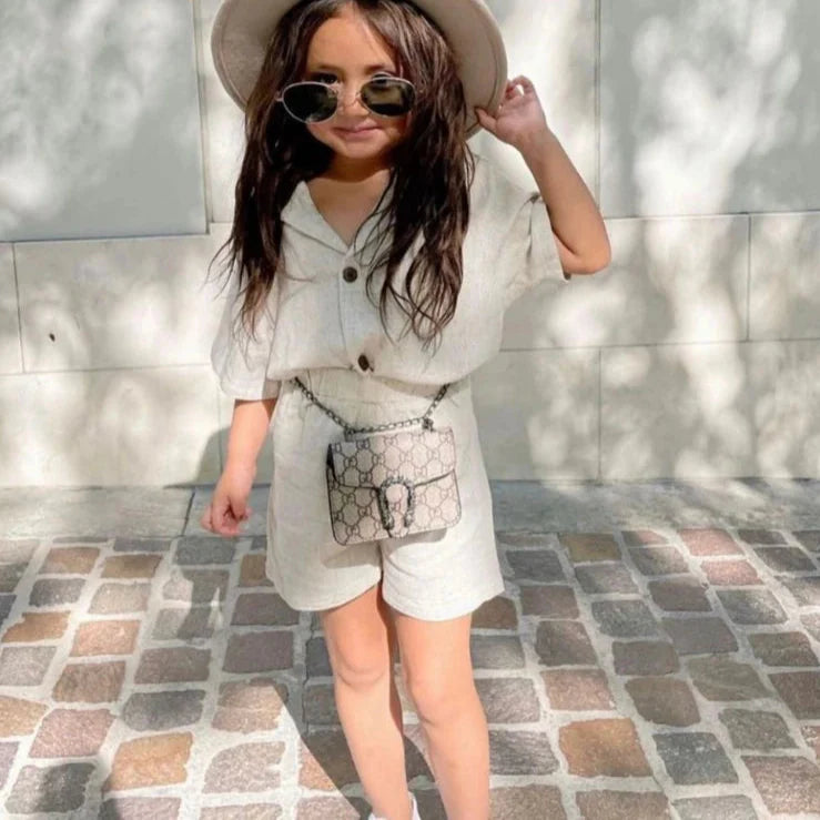 Girls Solid Linen Shorts Set