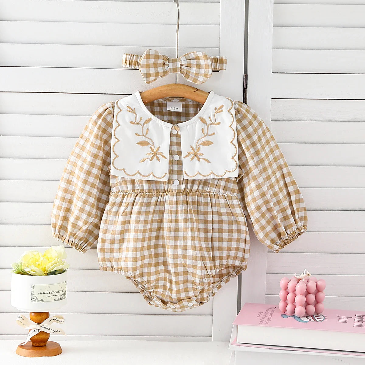 Checkered  Embroidered Collar Romper