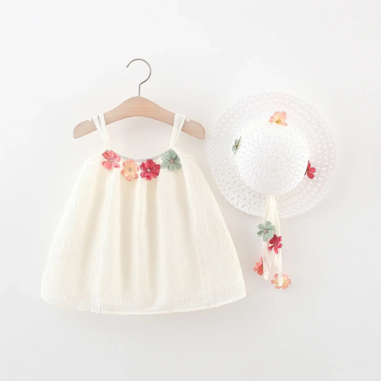 Flower Applique Dress With Straw Hat