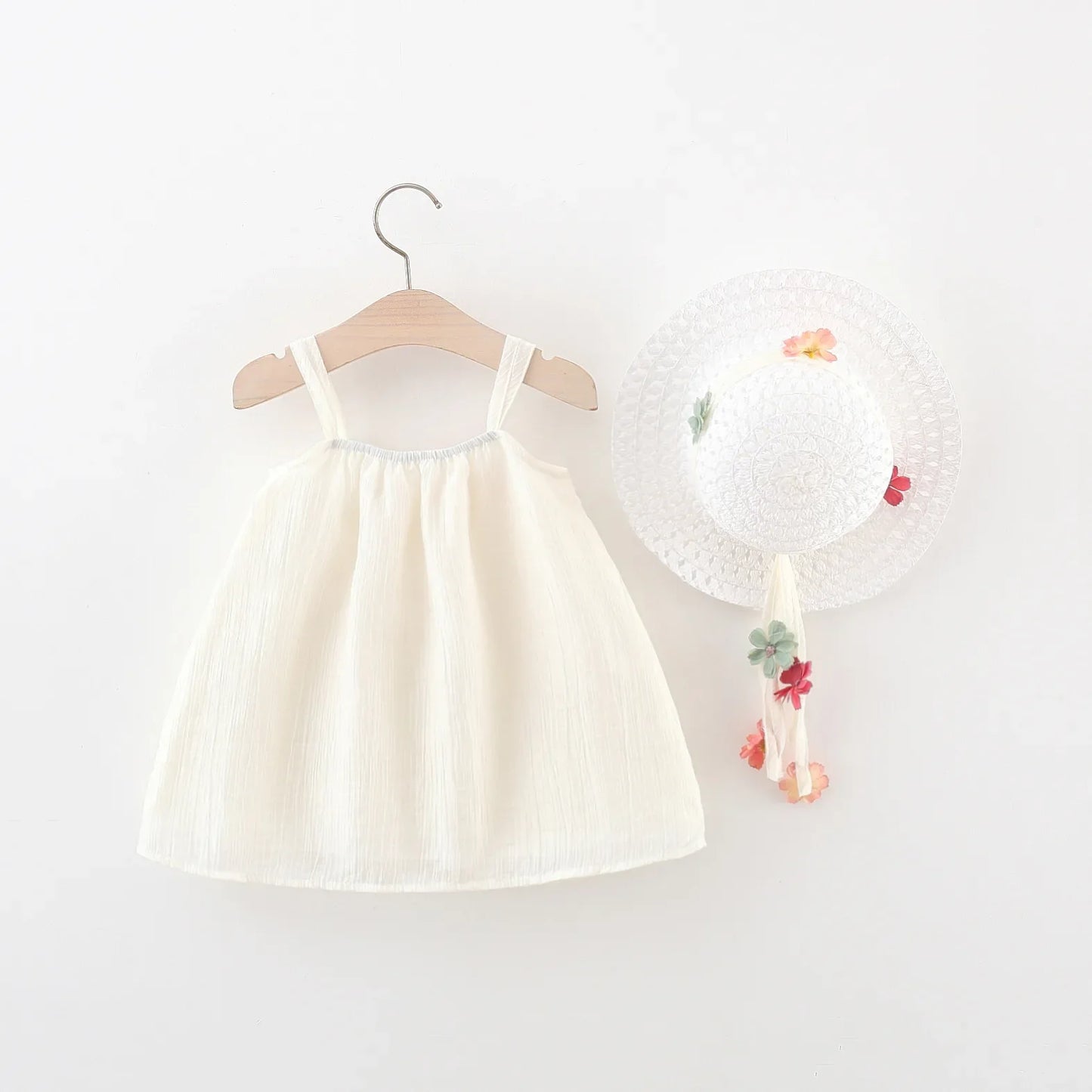 Flower Applique Dress With Straw Hat