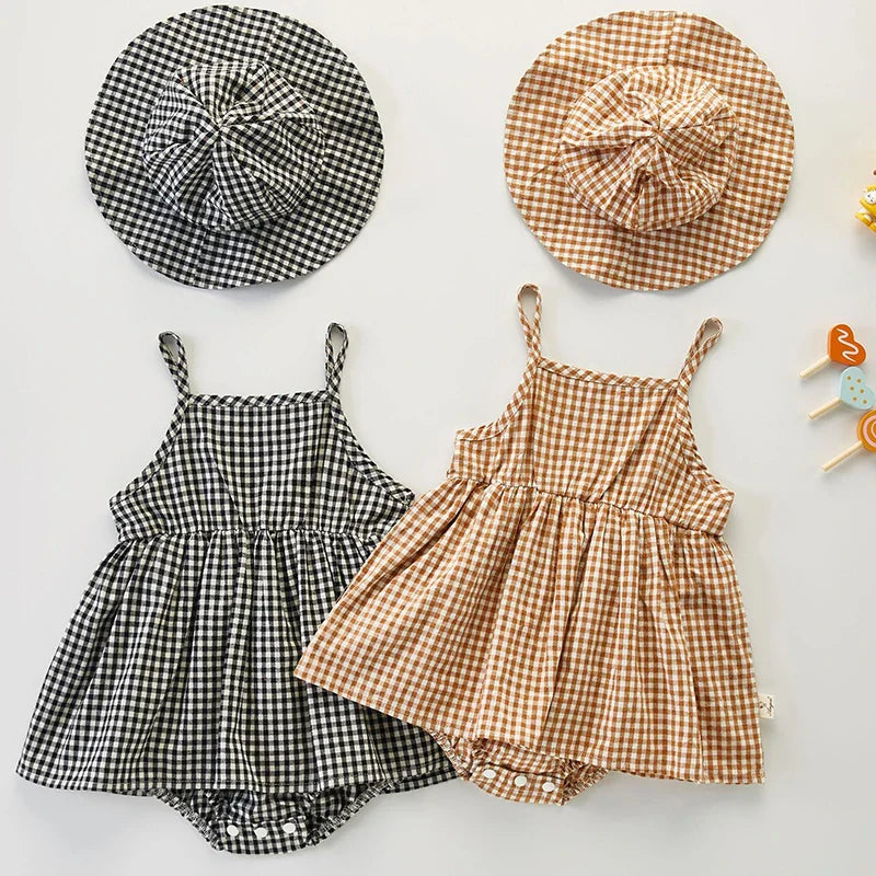 Sleeveless Plaid Dress Romper Set
