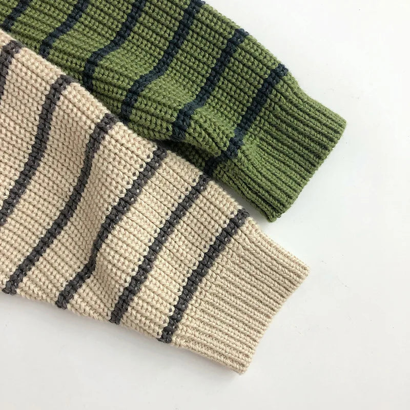 Stripe Turtle Neck Zip Up Sweater