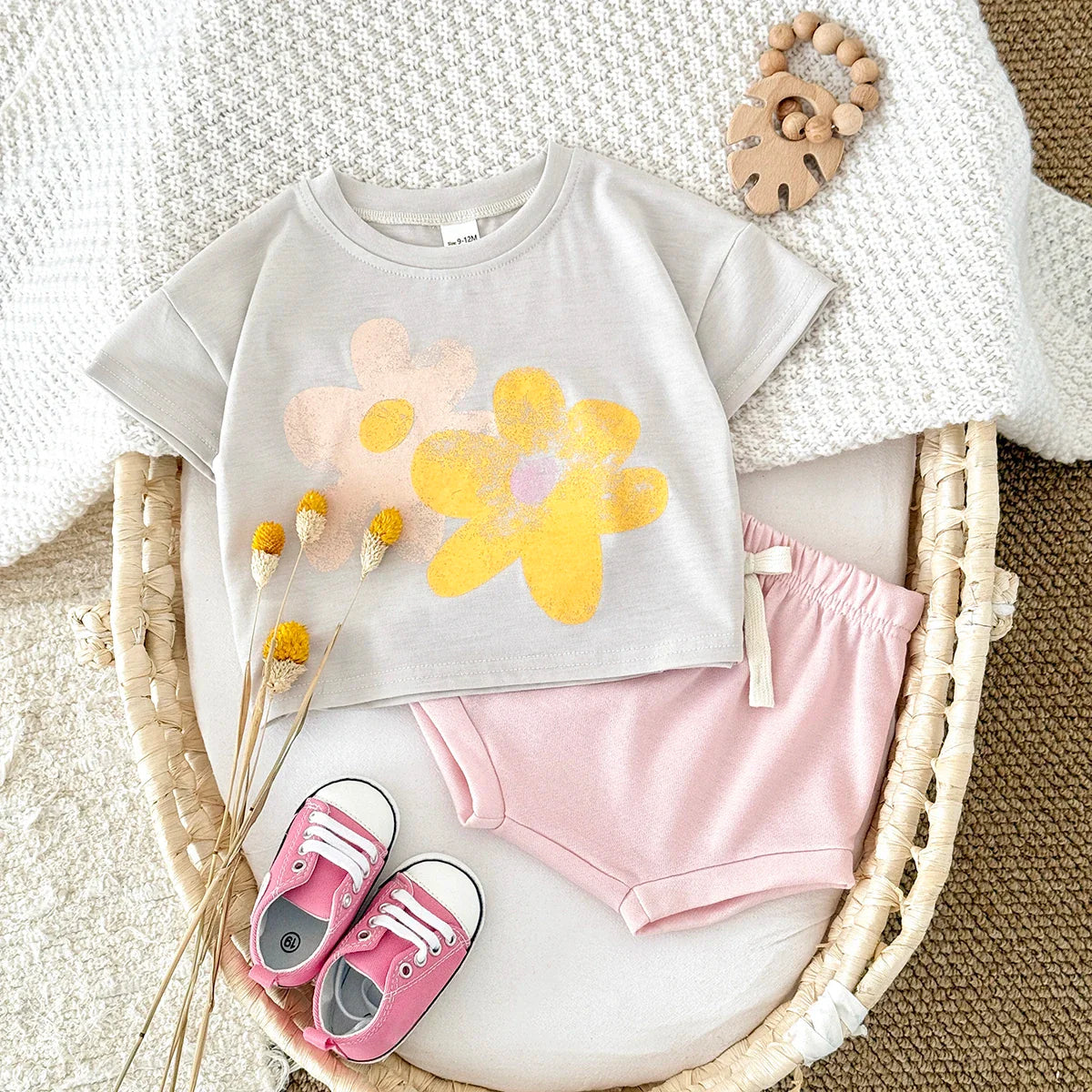 Flower Print T shirts Shorts Set
