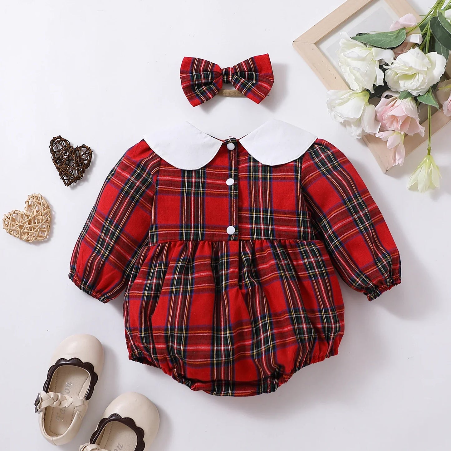 Plaid Lapel Long Sleeved Romper