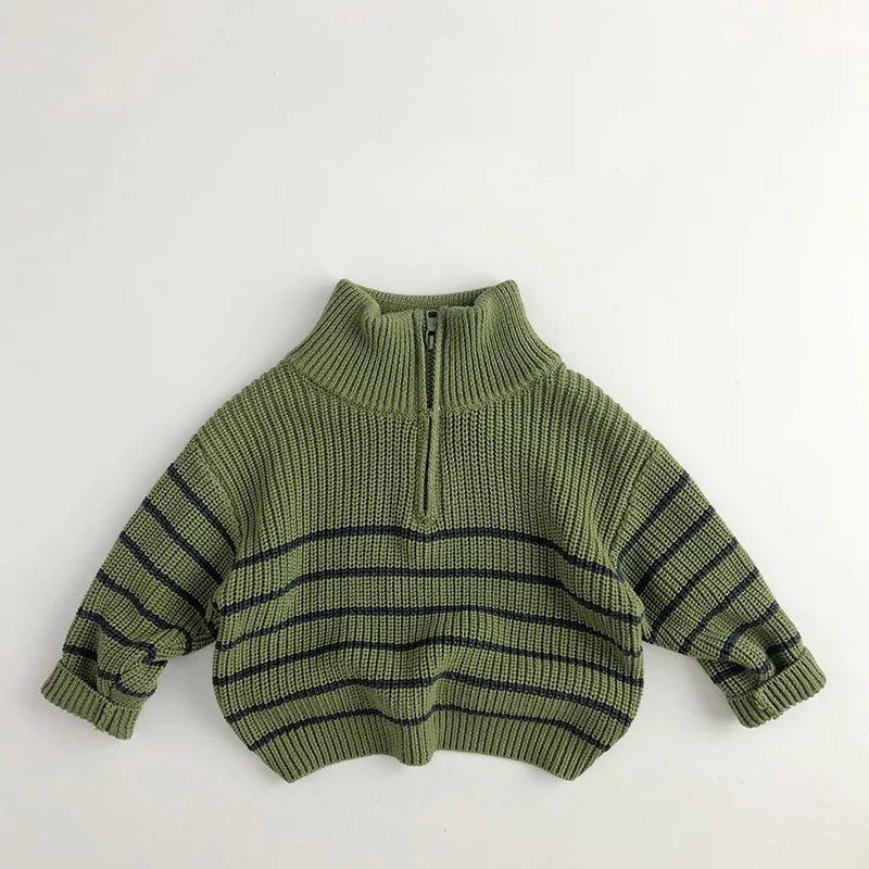 Stripe Turtle Neck Zip Up Sweater