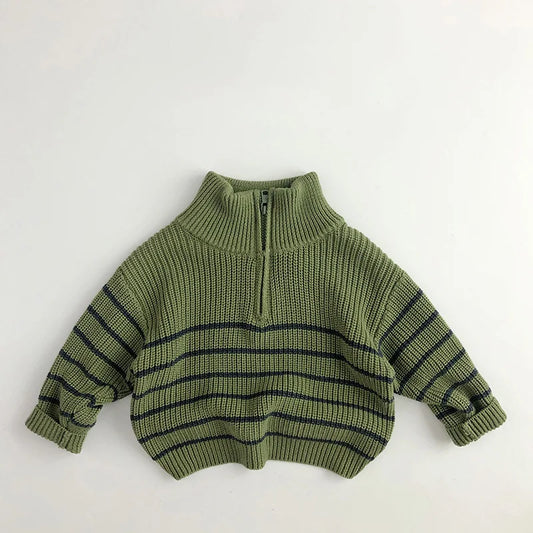 Stripe Turtle Neck Zip Up Sweater