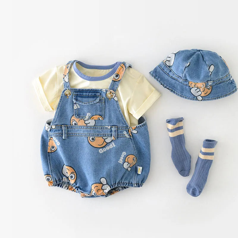 Denim Emoji Romper and Hat Set