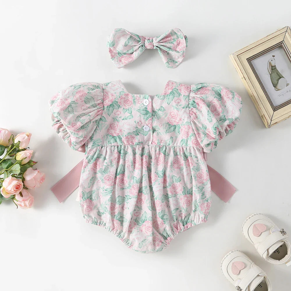 Triple Bow Puff Sleeve Romper