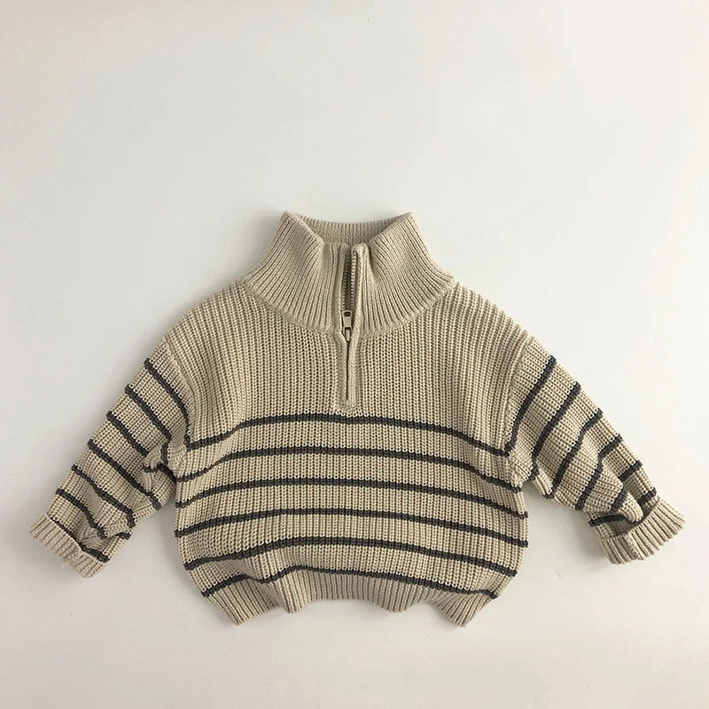 Stripe Turtle Neck Zip Up Sweater