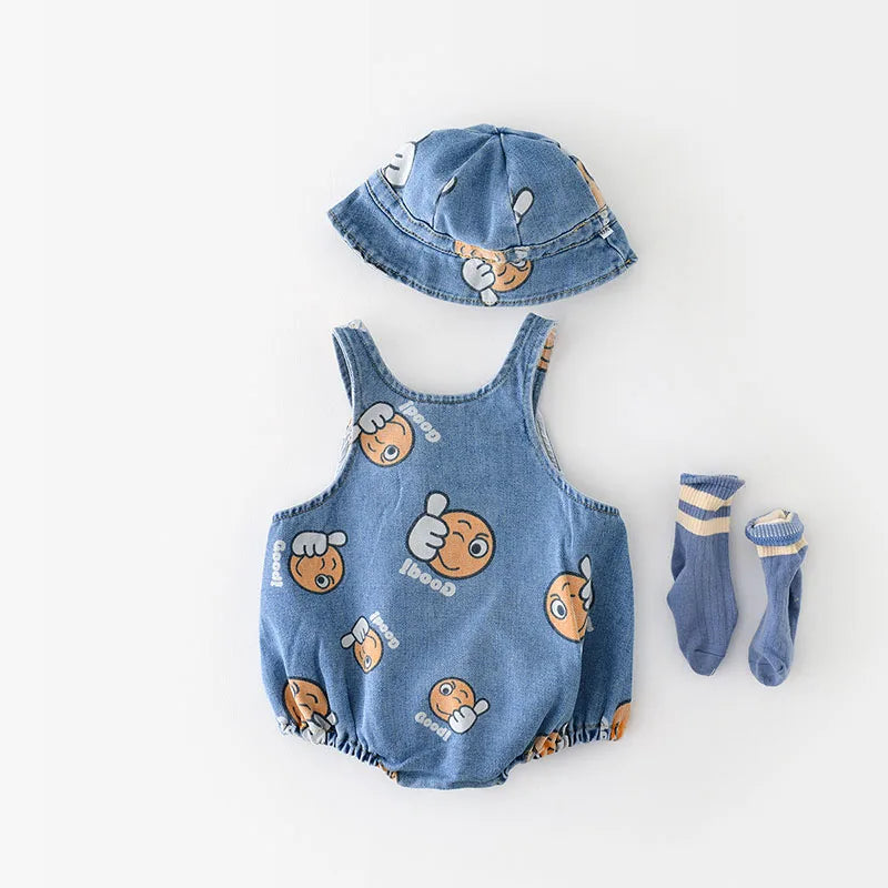 Denim Emoji Romper and Hat Set