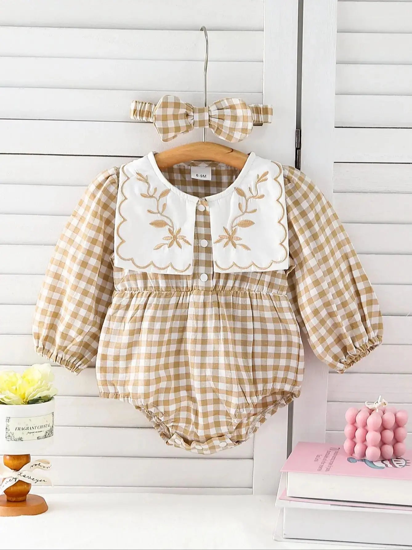 Checkered  Embroidered Collar Romper