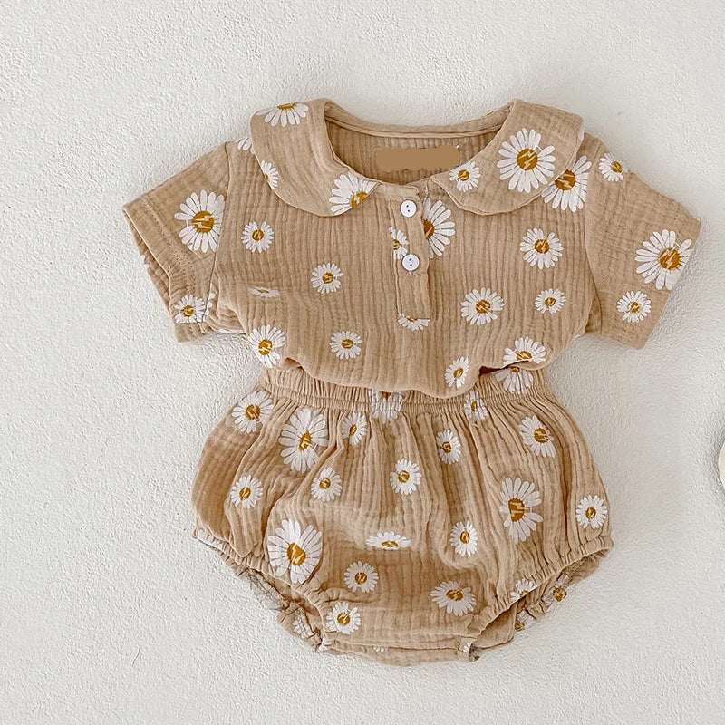 Flower Printed Cotton Shorts Set