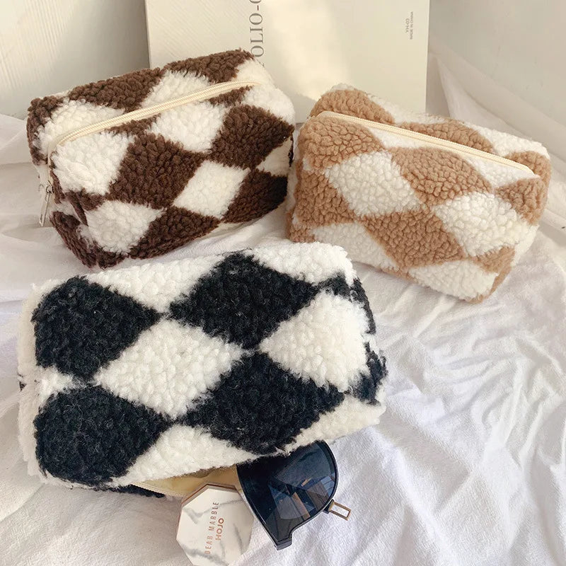 Checkered Plush Toiletry Bag