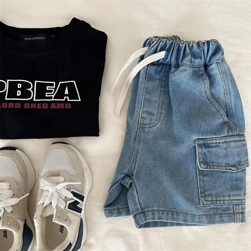 Drawstring Denim Cargo Shorts