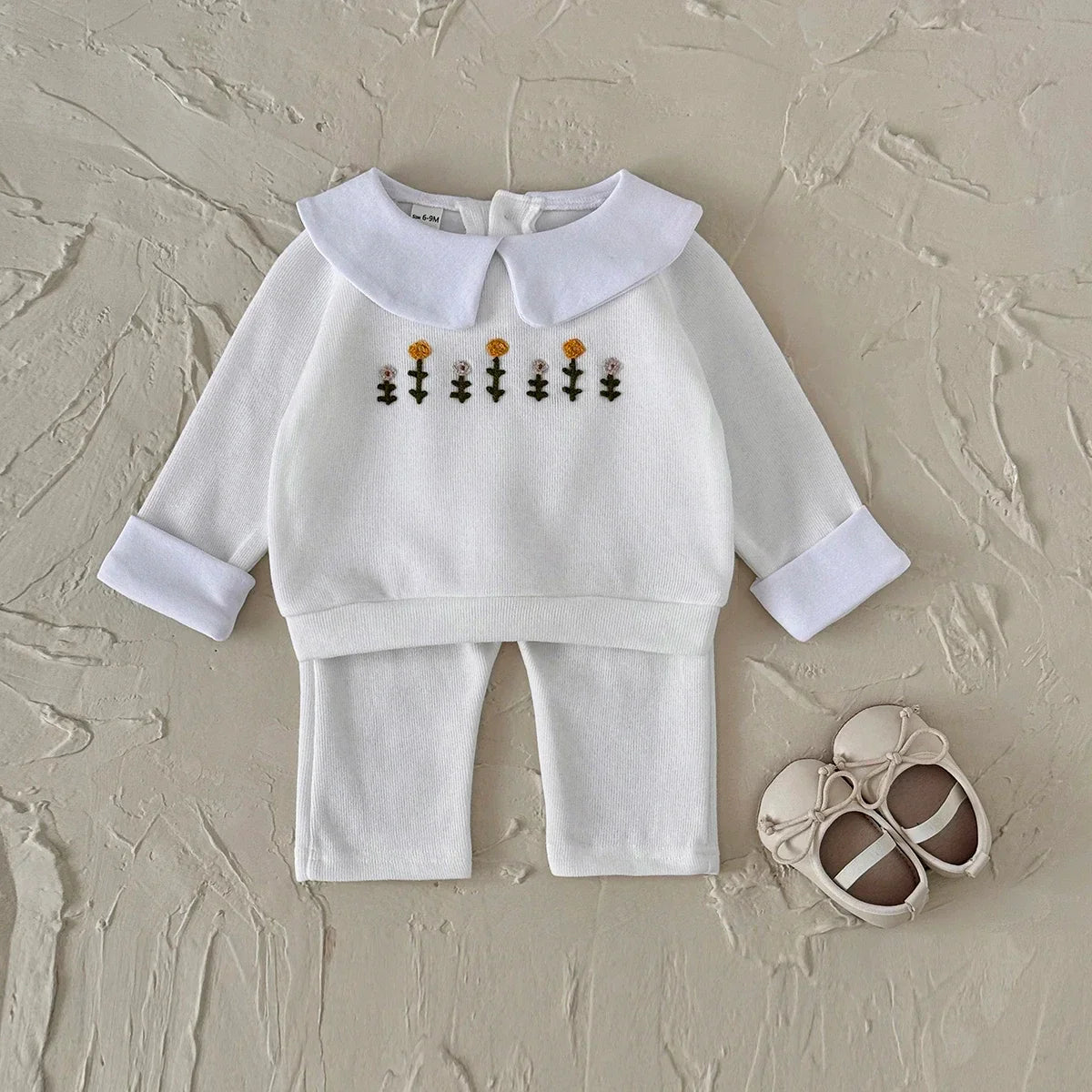 Flower Embroidered Lapel Sweatshirt Pants Set