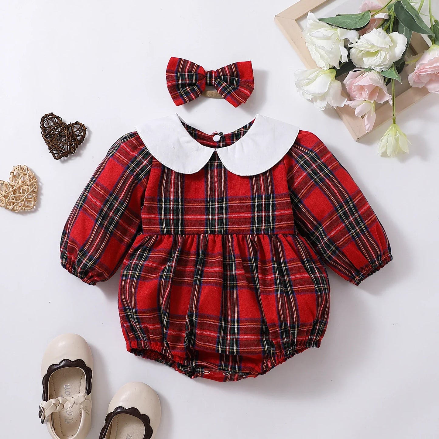 Plaid Lapel Long Sleeved Romper