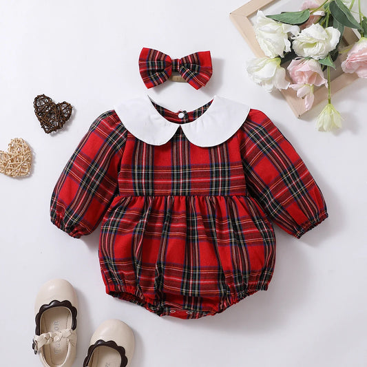 Plaid Lapel Long Sleeved Romper