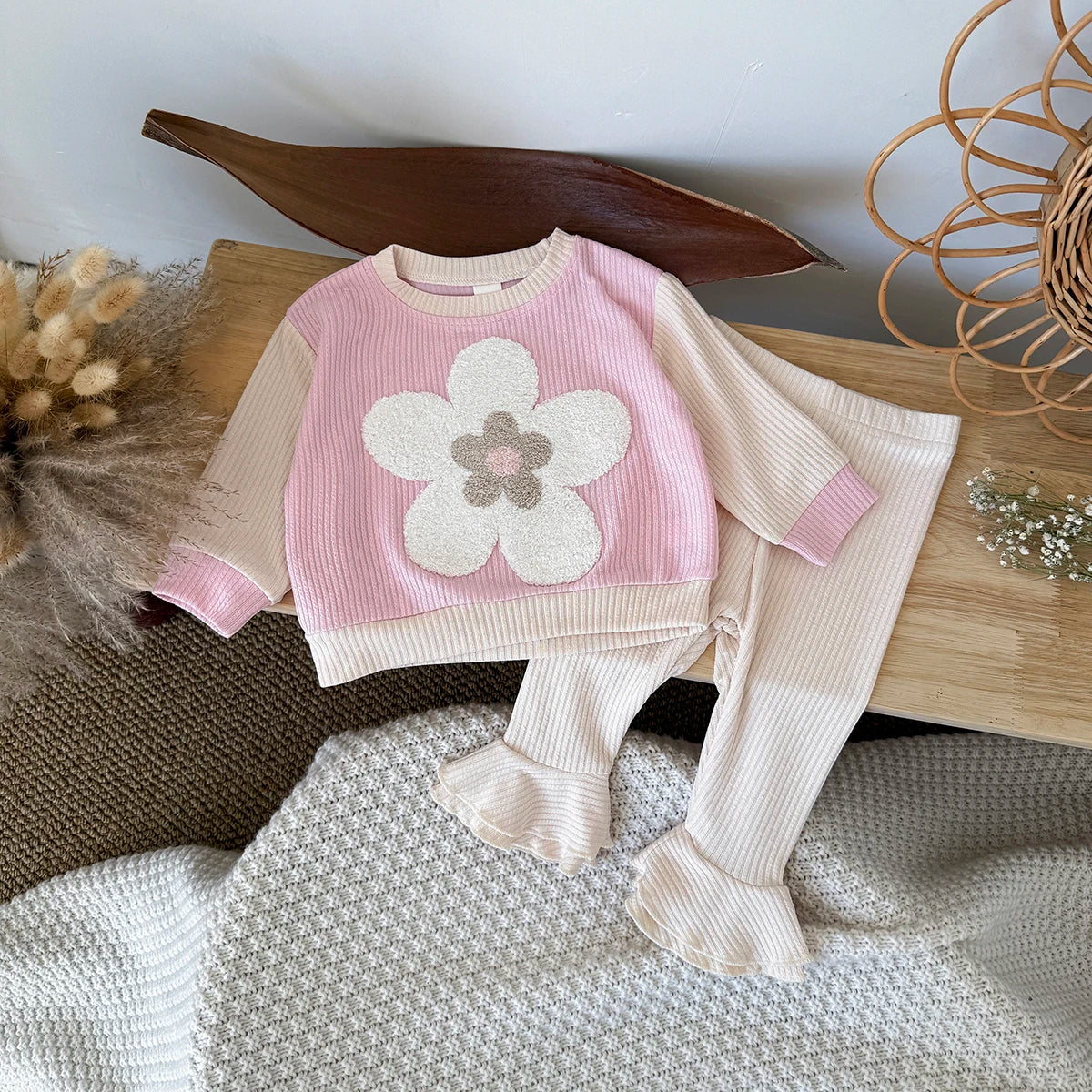 Flower Embroidered Frill Pants Set