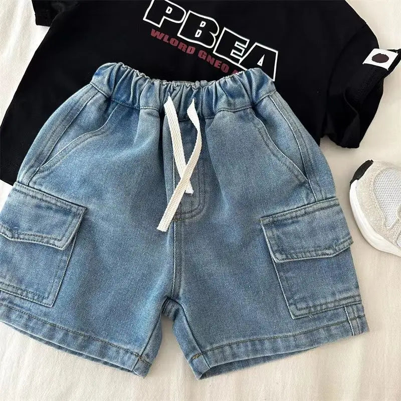 Drawstring Denim Cargo Shorts