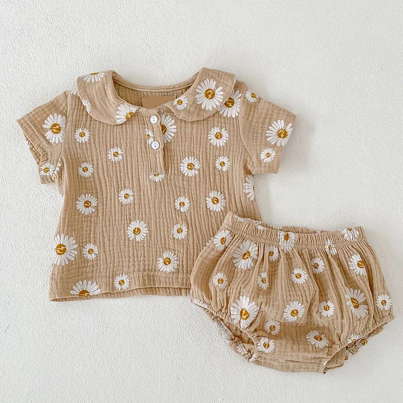 Flower Printed Cotton Shorts Set
