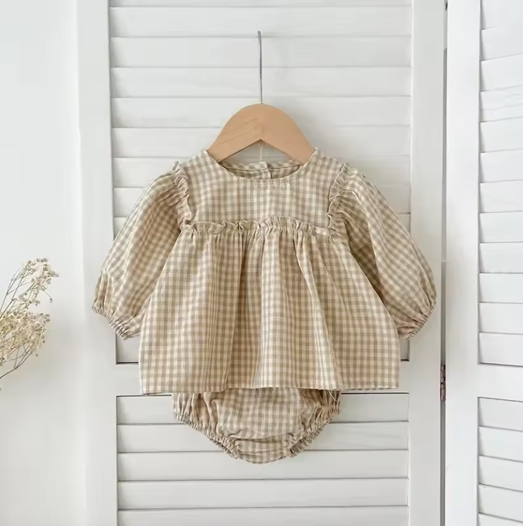 Plaid Balloon Sleeve Linen Bloomer Set