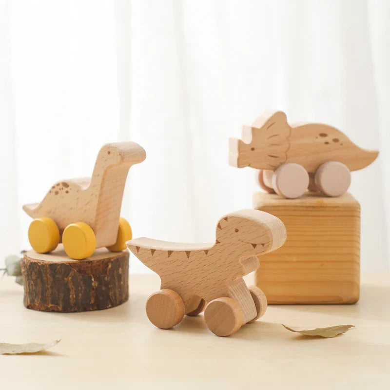 Beech Wooden Dinosaur On Wheels