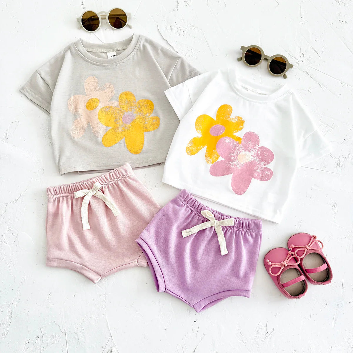 Flower Print T shirts Shorts Set