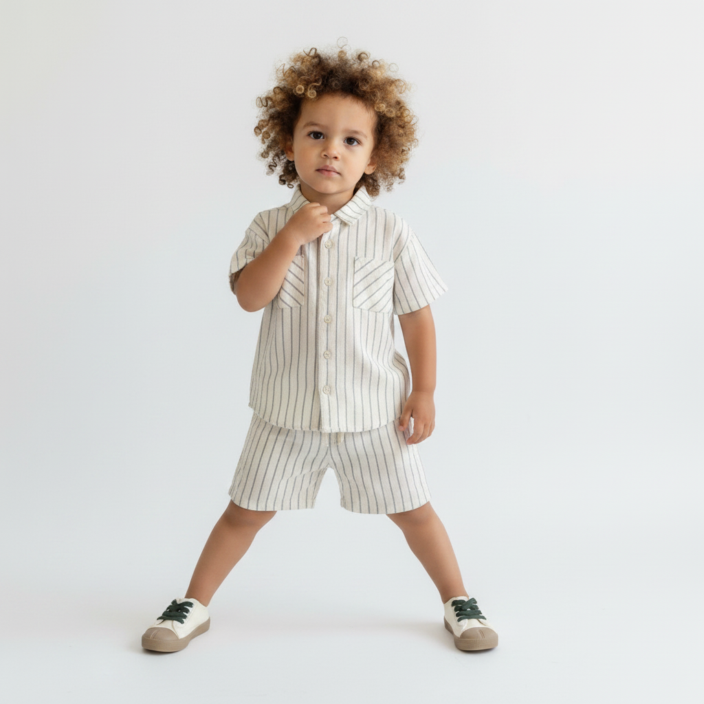 Boys Striped Cotton Linen Shorts Set